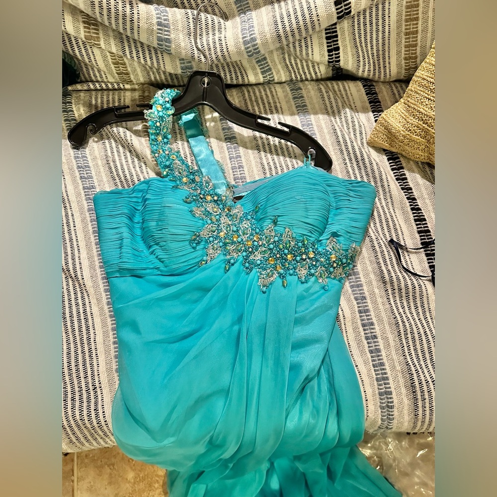 Sparkly Dave & Johnny Aqua One-Shoulder Dress